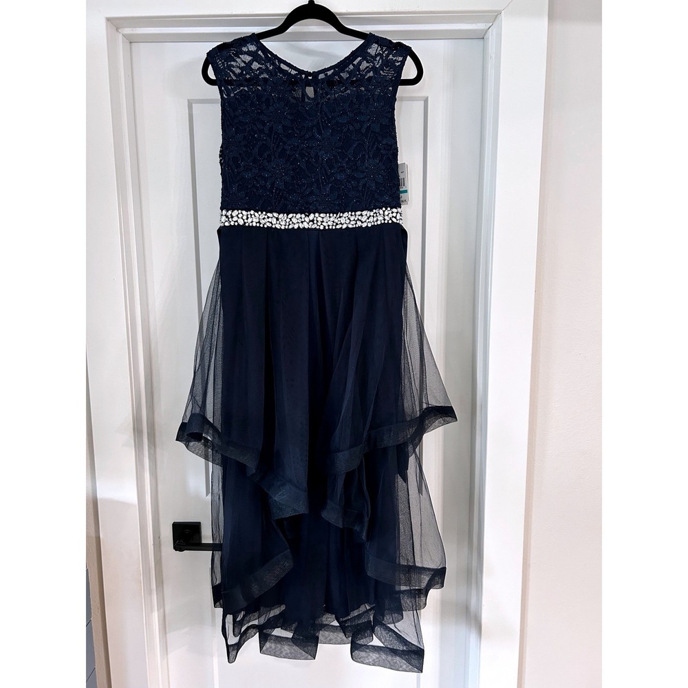 NEW Speechless Girls Navy Blue Lace Tulle Formal Dress Rhinestone Belt 16.5